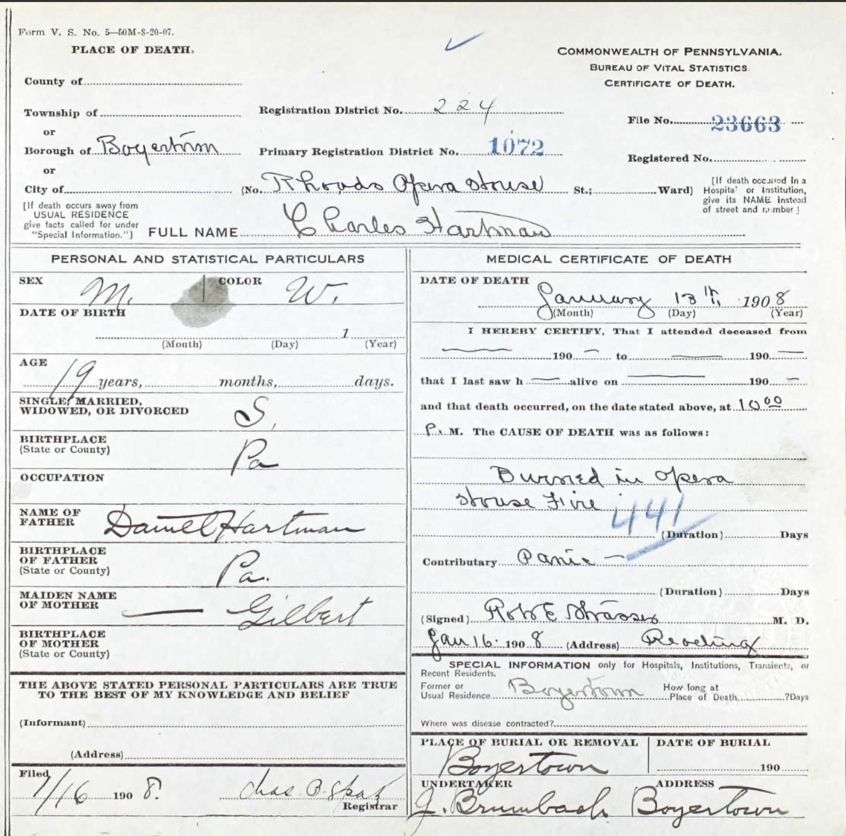 Charles G. HARTMAN death certificate