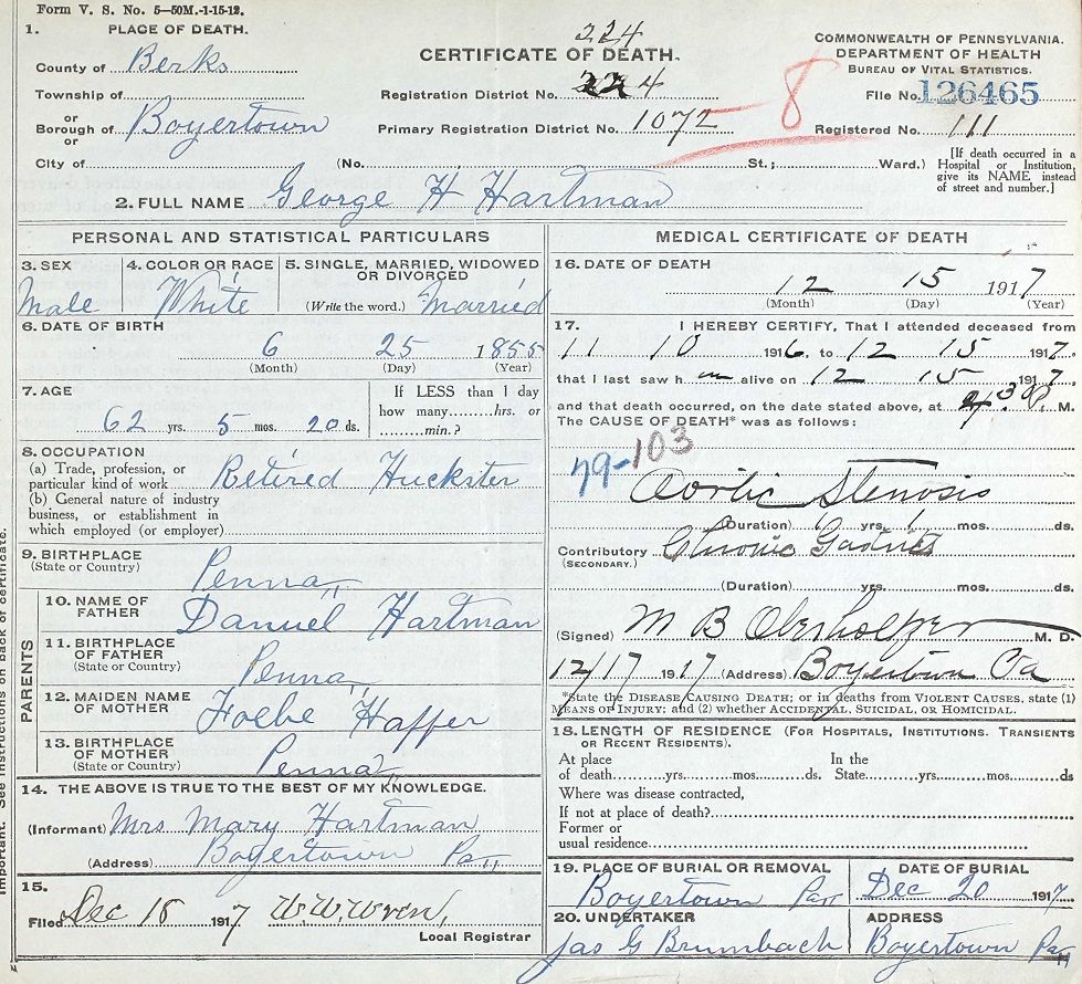 George H. HARTMAN death certificate