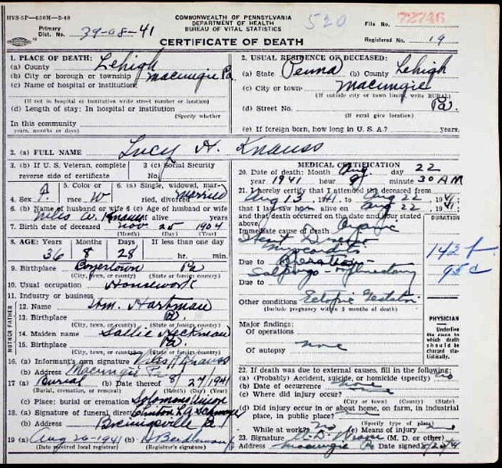 Lucy H. Hartman death certificate
