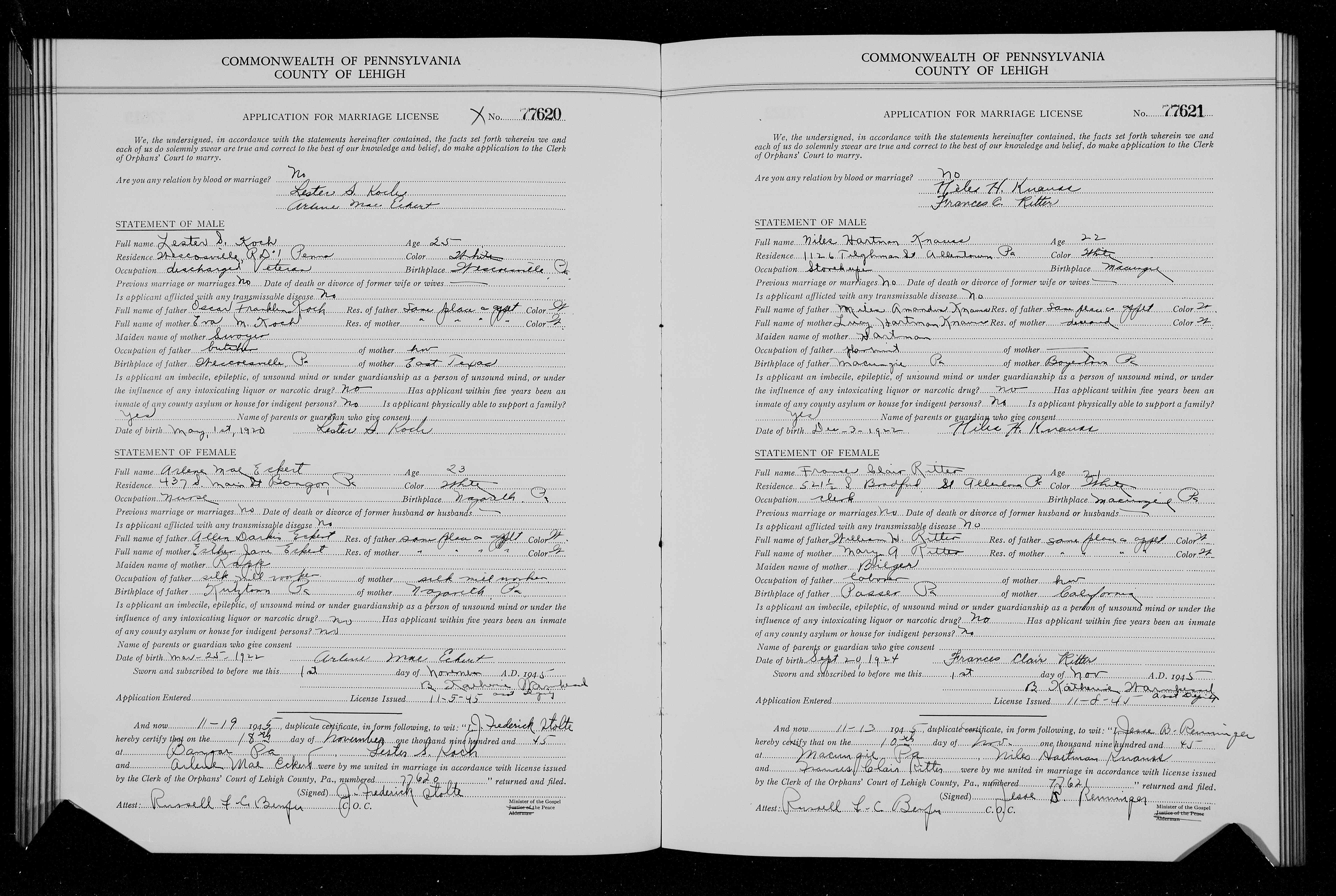 Niles Hartman Knauss marriage certificate