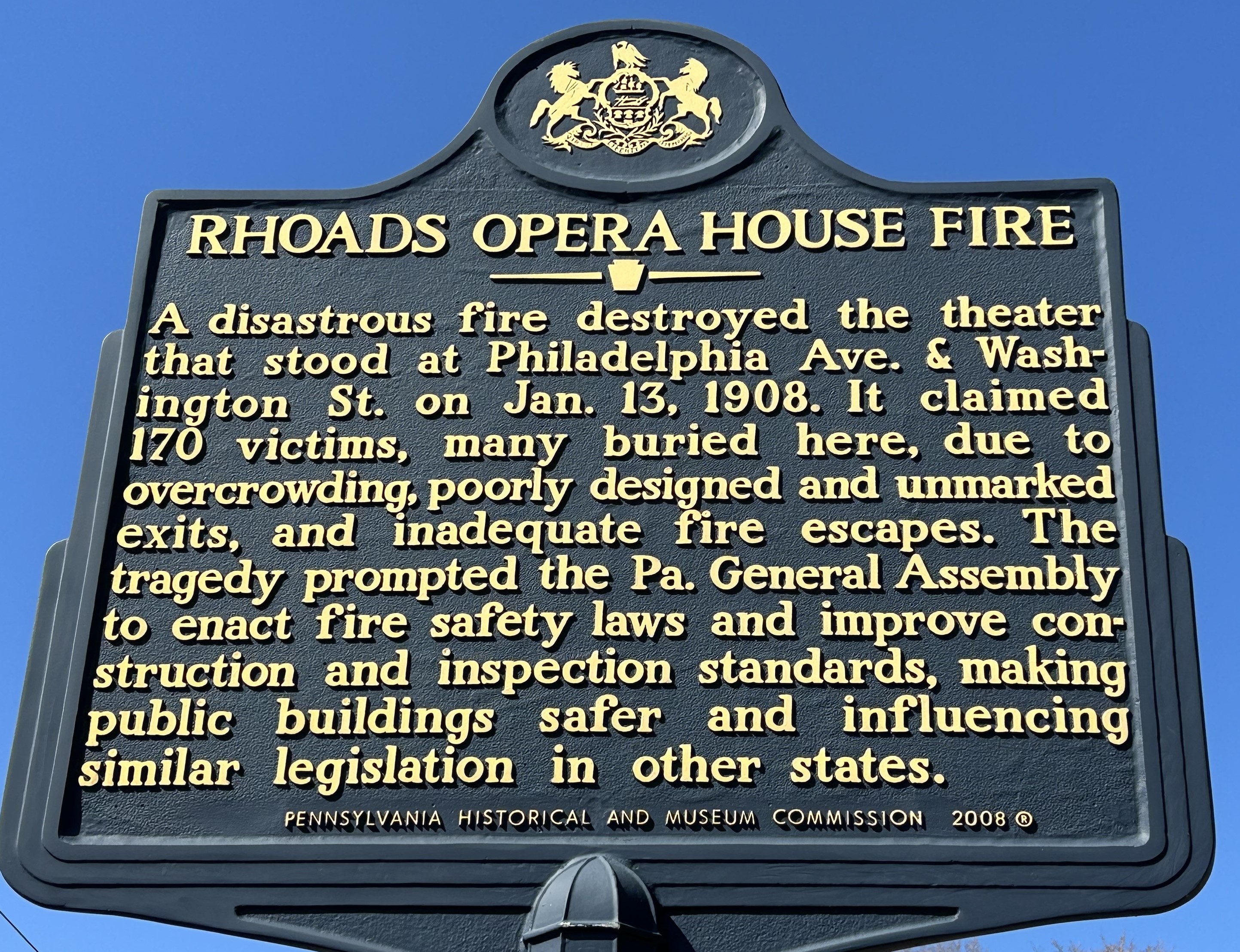 Opera House fire memorial marker at Fairview