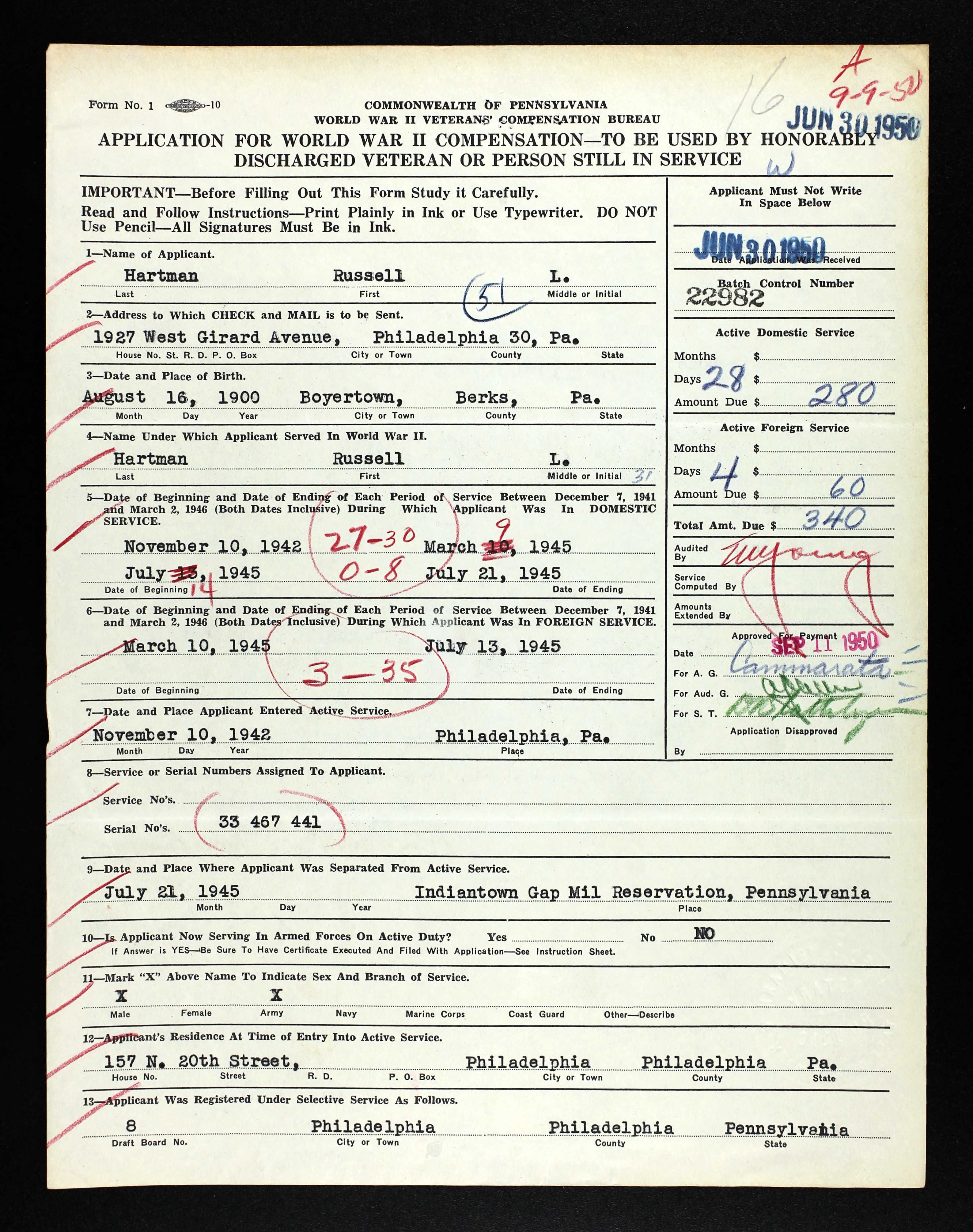 Russell L. HARTMAN WW2 compensation