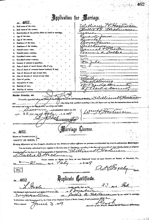 Marriage certificate of William HARTMAN and Sallie HECKMAN